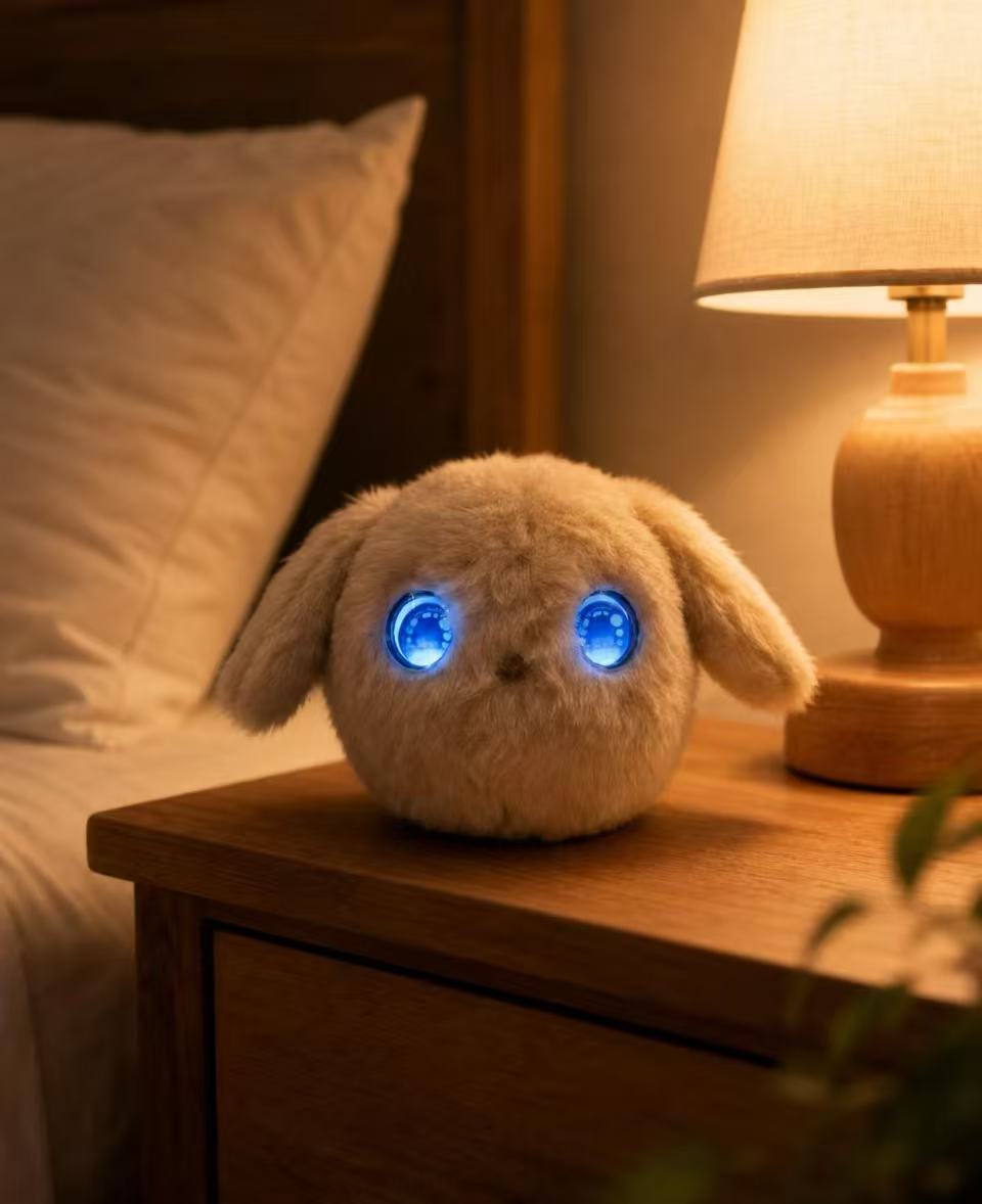 Tangtang on a bedside table glowing softly at night