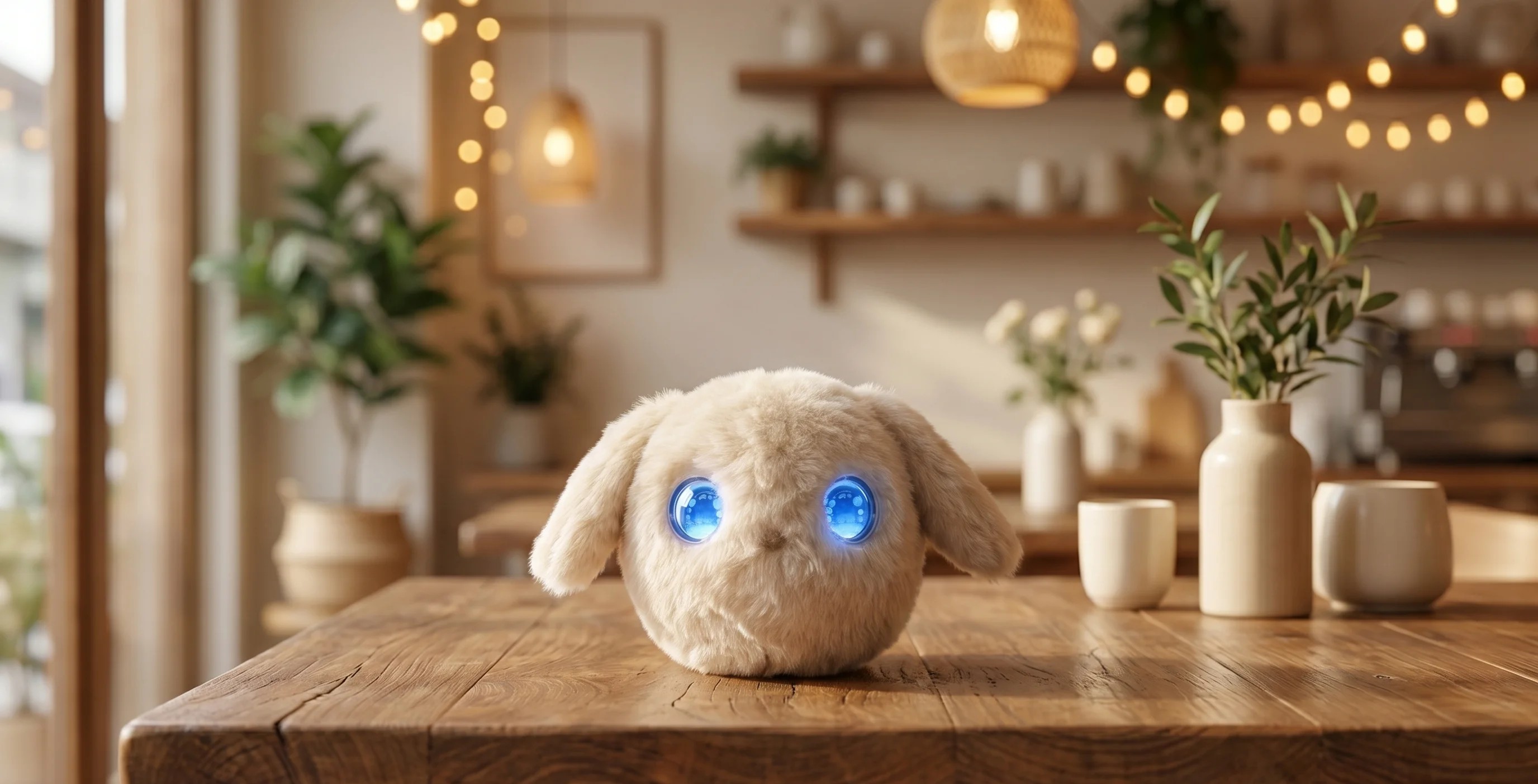 Tangtang AI plush toy sitting on a wooden table — glowing blue eyes, soft fur